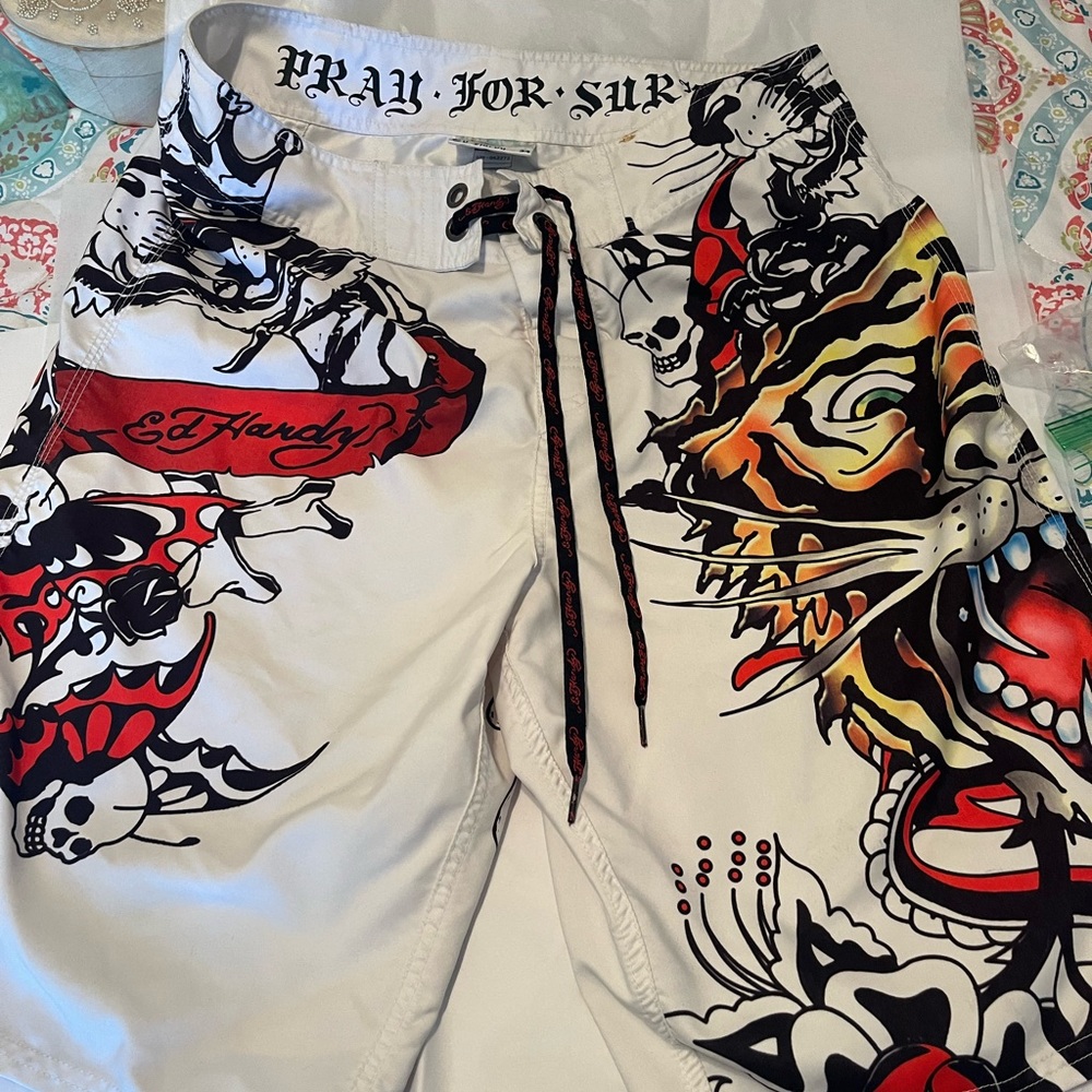 Rare vintage, Ed Hardy swimming trunks. Style is “Pray For Life”, size 34.